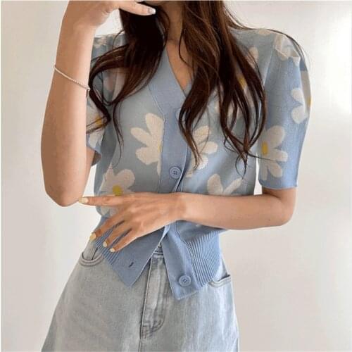 Blue Autumn Tops Women 2021 V Neck Sweater with Vertical Buttons Long Sleeve Chic Tops
