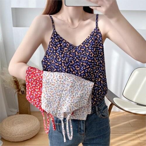 Gkfnmt Vintage Print Floral Woman Camis Tank Tops Summer Chiffon Sleeveless Camisole Top Sexy V-Neck Halter Camis Tops 2021