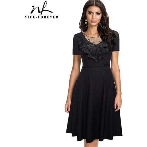 Nice-forever Spring Women Elegant Embroidery Black Mesh Lace Dresses Cocktail Party Flare Swing Retro Dress A084