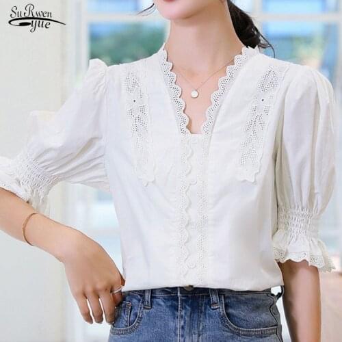 2021 Fashion Casual V-neck Lace White Shirts Blouse for Women Solid Color Puff Sleeve Summer Womens Tops and Blouse Blusas 10204