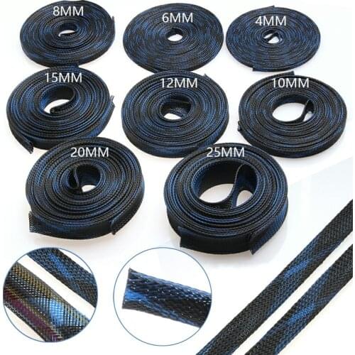 5/10M Braided Cable Sleeve Blue&Black 2/4/6/8/10/12/15/20/25mm PET Nylon High Density Sheathing Insulation Wire Cable Protecting