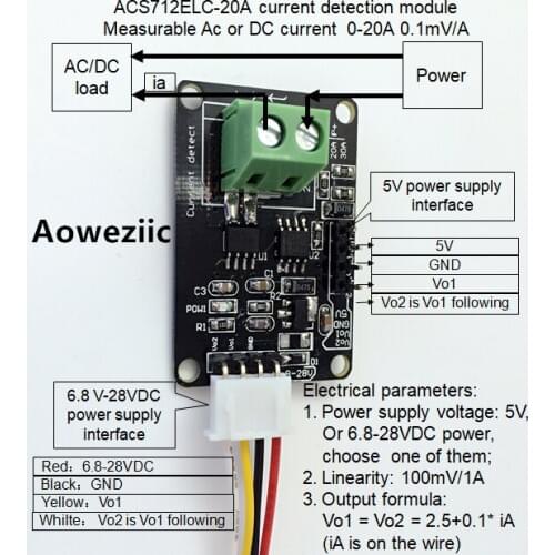 ACS712ELC-20A current detection module Measurable Ac or DC current 0-20A 0.1mV/A
