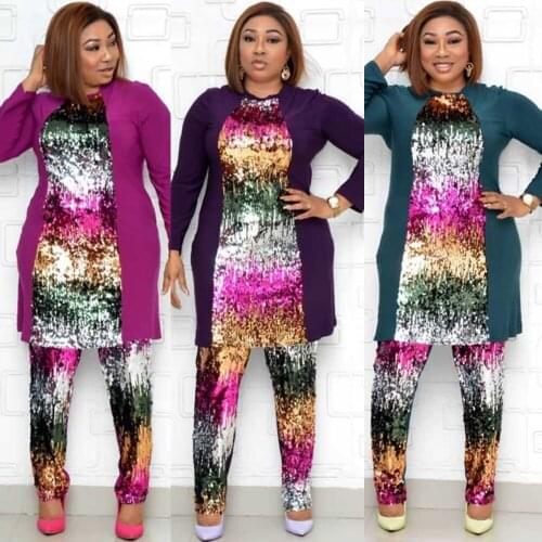 African Sets For Women 2021 Long Sleeve Sequined African Elastic Bazin Baggy Pants Rock Style Dashiki Famous 2 Pieces Suit Lady