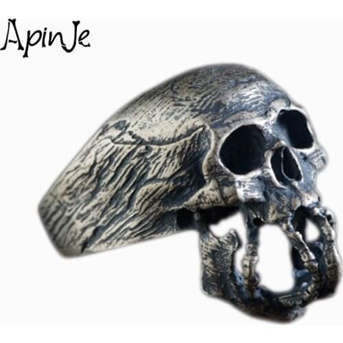Apinje Punk Skull Ring For Men Real 925 Sterling Silver Jewelry Personality Biker Rings