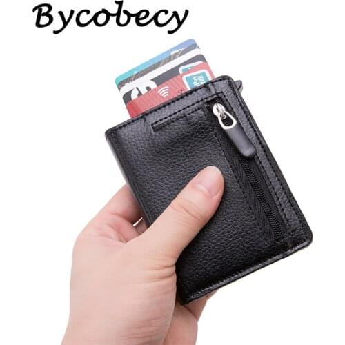Bycobecy Men Vintage Credit Card Holder Top Quality Metal Aluminum Auto Pop-up RFID ID Card Case Carteira Coin Purse With Zipper