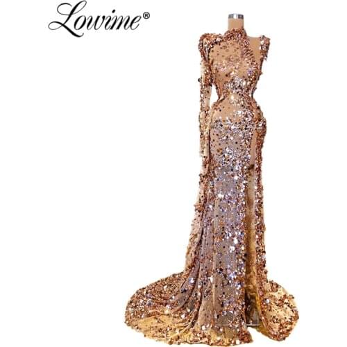 Dubai One Shoulder Beading Illusion Arabic Mermaid Evening Dress Sequins Sexy Prom Dresses Long Sleeve Formal Dress 2020 Dubai