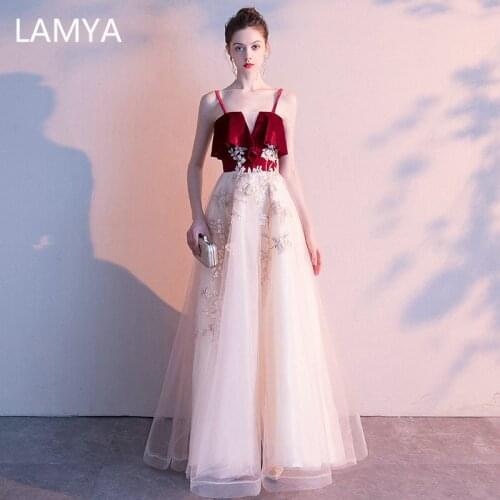 LAMYA Elegant Velour Evening Dresses Lace Appliques Luxury Spaghetti Straps Prom Dress Backless Plus Size Robe De Soiree