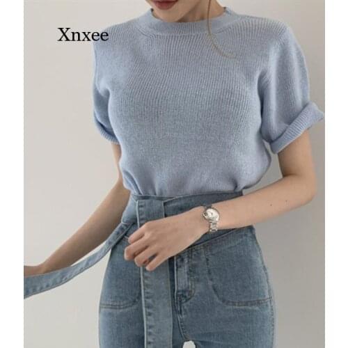 Knitted T-Shirt New Women Summer Blous Bottoming Basic Solid Fashionable Minimalist Style Korean Wild Lady Tops Clothing