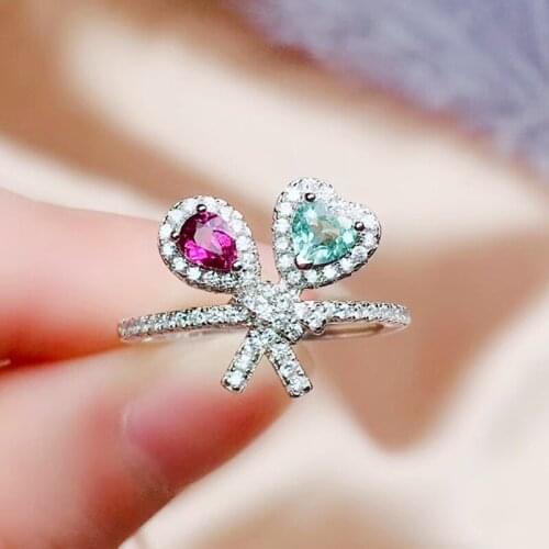 Per jewelry Natural real colorful tourmaline love heart ring Free shipping 0.3ct*2pcs gemstone 925 sterling silver R205181