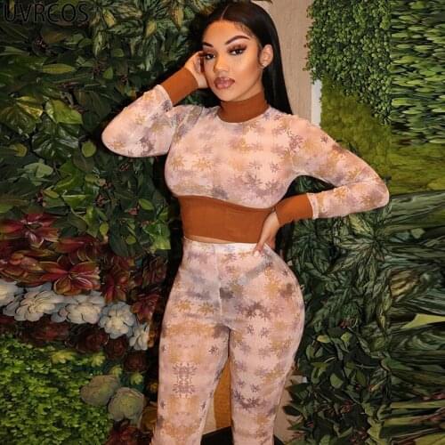 UVRCOS Panelled Print Two Piece Set Womens Clothes New Arrival 2021 Fashion Casualwear Turtleneck Long Sleeve Top+Tight Trousers