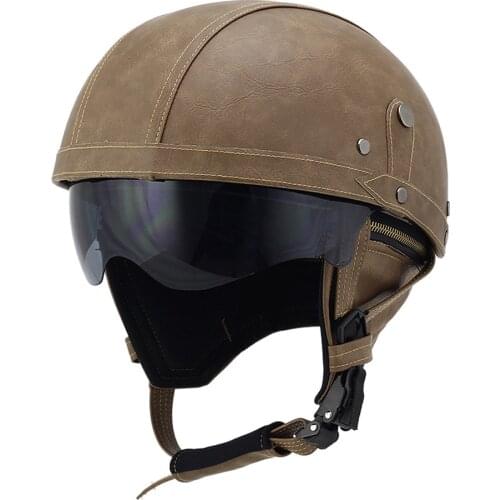 Leather Motorcycle Helmet Vintage Open Face Half Helmets For Moto Biker Motorbike Cruiser Scooter Touring - Gift Goggles