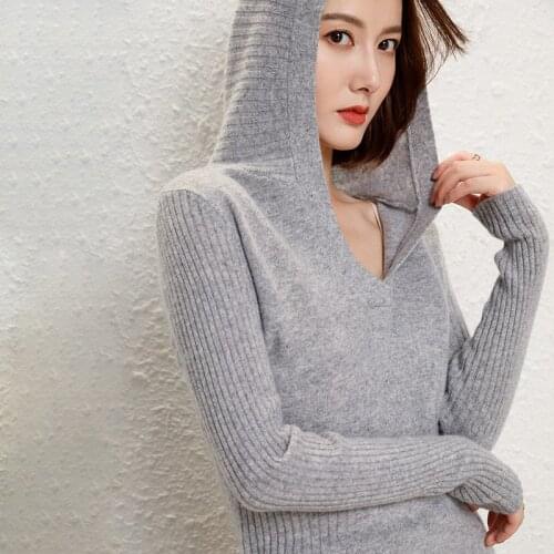 Hot Sale Women Pullovers With Hat 100% Australian Wool Knitting Sweaters Hooded 6Colors Long Sleeve Female Pullovers