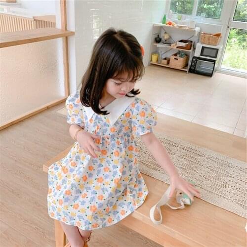 Menoea Girls Casual Dresses Summer Fashion Baby Kids Floral Sweet Lapel Short Sleeve Children Cute Princess 2-6Years