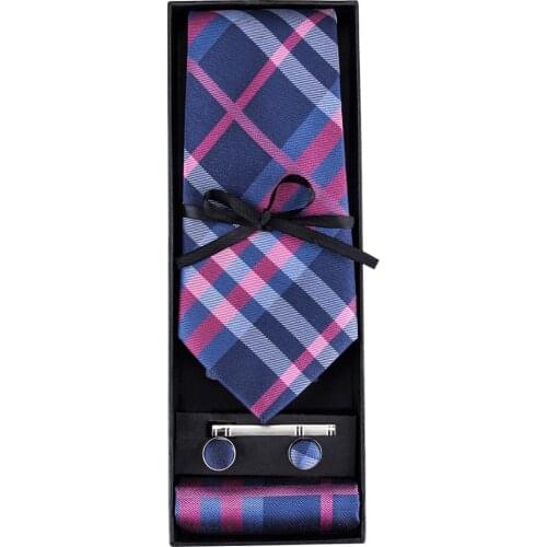 GB-653 Barry.Wang Plaid Necktie Set With Gift Box Jacquard Woven Silk Hanky Cufflink Ties For Men Business Wedding Party Groom