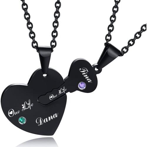 Custom Any Name Lovers Pendant Stainless Steel Personalized Key Heart Puzzle Necklace Set with Birthstones For Gift