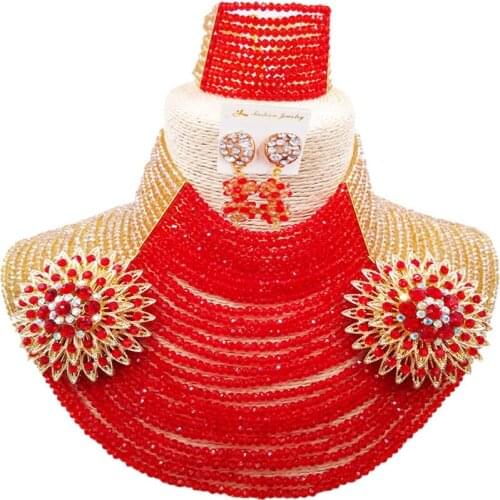ACZUV 25 Layers 4mm Champagne Gold AB and Red Crystal Beaded Jewelry Set Nigerian Wedding African Beads Necklace 25C-002