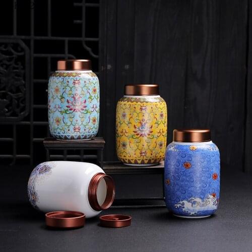 European Style Painted Tea Cans Ceramic Metal Double Lid Sealed Cans Household Large Candy Nut Storage Container Home Decoration