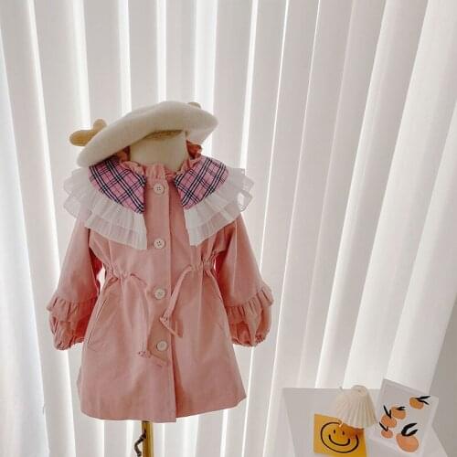 Autumn Childrens Latern Sleeve Plaid Lapel Collar Trench Windbreaker Girls Long Outerwear Coats Kids Jackets Casaco Infantil