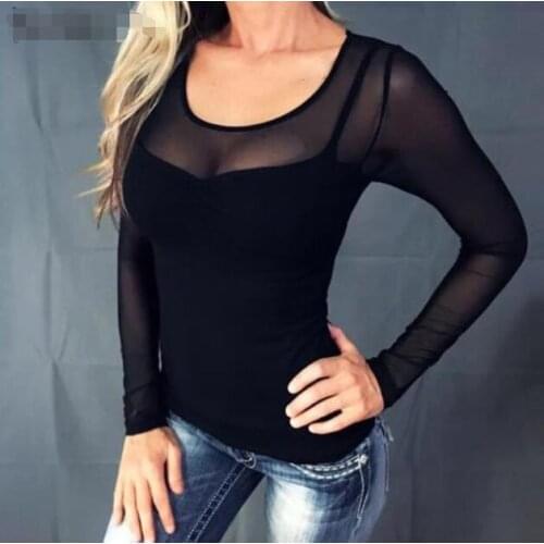 Long Sleeve V-Neck Transparent Sexy Womens Shirt Patchwork Black Mesh Womens Tops 2021 Summer Female