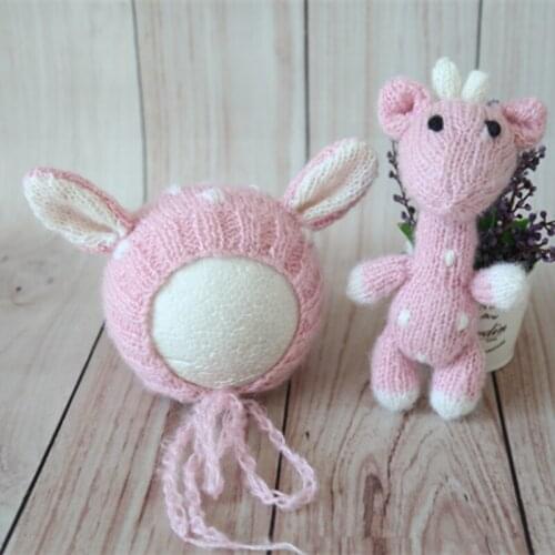 Pink Milu deer bonnet and toy set Crochet baby Mohair hat Newborn Stuffed Animal toy props Newborn photography props