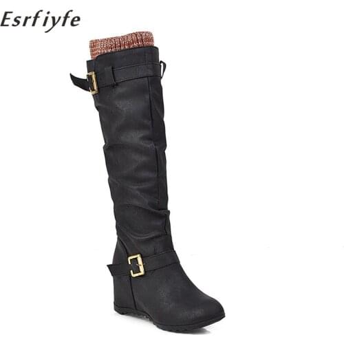 ESRFIYFE 2020 New Plus Size 34-44 Fashion Winter Knee High Women Boots Black Brown Wedge High Heels Long Boots Autumn Snow Shoes