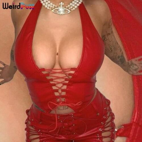 Weird Puss Sexy Summer Hollow Out Faux Tank Tops Bandage Drawstring Halter Y2K Cyber Backless Skinny Stretchy Activewear Vest