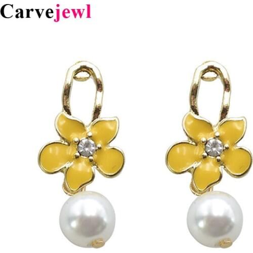 Carvejewl imitation pearl drop dangling fashion Boho earrings orange yellow enamel glaze flower dangle piercing earrings jewelry