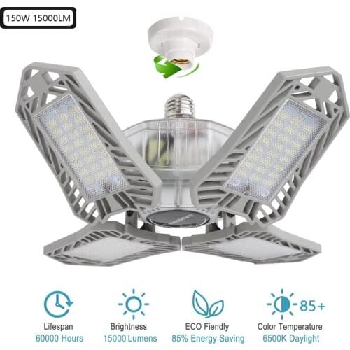 360 Degrees 85-265V 150W E27 LED Garage Light Glow Deformable Light Indoor Garage Lamp Premium 15000 Lumens 6000K 288 LED Light