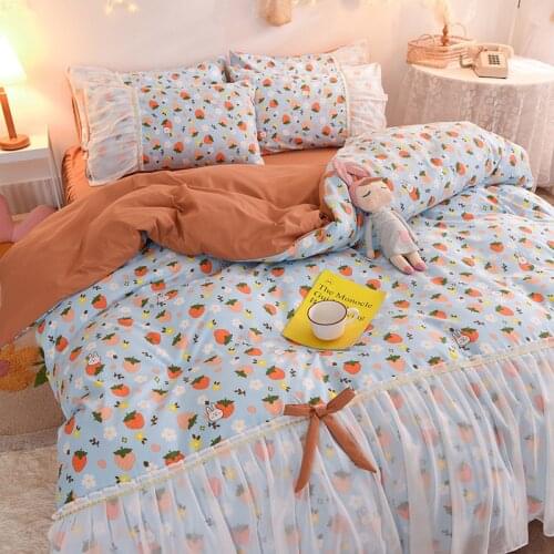 Light blue strawberry fruit sanding soft warm beautiful chiffon style home textile quilt cover four-piece/three-piece