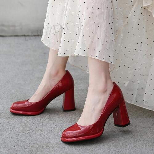 LAIGZEM FASHION Wome Pumps Genuine LEATHER Chunky Heels Slip On Shiny Sandals Office Dress Ladies Shoes Woman Big Size 38 41 42