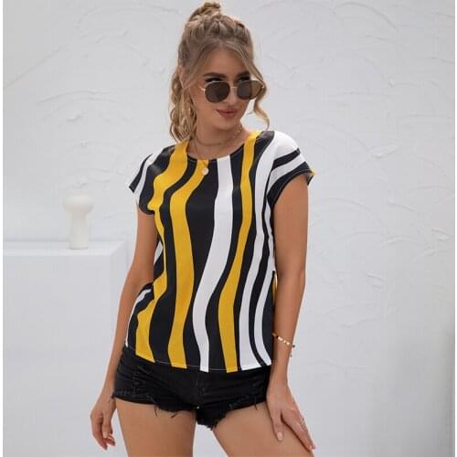 2021 Summer Women Shirt Asymmetric Striped Short Sleeve O Neck Casual Tops And Blouses Sexy Backless Straight Blouse Ladies