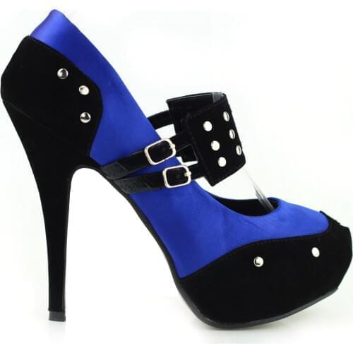 LF30438 Ladies Satin Black Suede Ankle Strap Stud Buckle Platform EVE Shoes