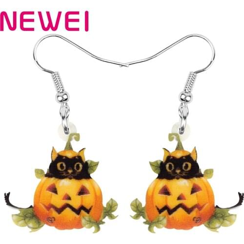 Newei Acrylic Halloween Cat Pumpkin Head Earrings Cute Animal Kitten Dangle Drop Jewelry For Women Kids Funny Gift Accessories