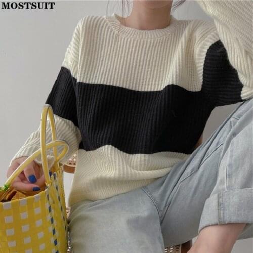 Autumn Winter Women Sweater Full Sleeve O-neck Pullover Striped Color-blocked Casual Viintage Loose Female Jumpers Tops 2021