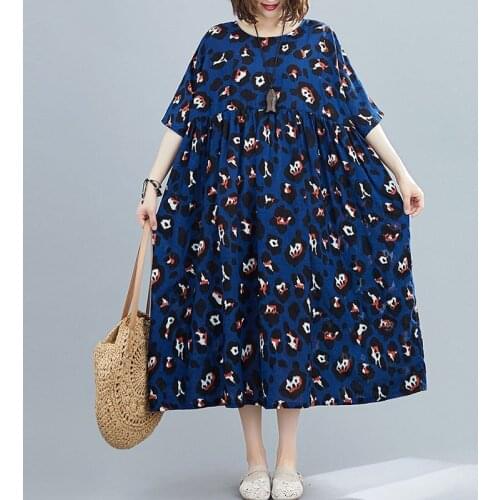 Oversized Women Cotton Casual Dresses New 2021 Summer Simple Style Vintage Print Loose Comfortable Female Long Dress S2896