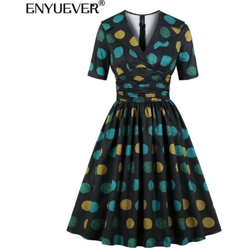 Enyuever Women Summer Dress Vintage Clothes Short Sleeve High Waist Robe Pin Up Swing Polka Dot Casual Party Ladies Dresses