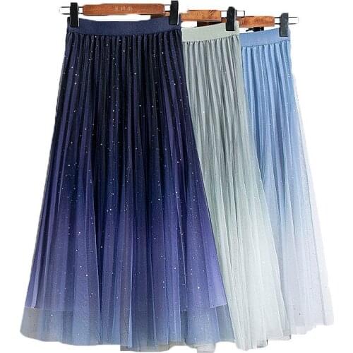 Women Starry Sky Gradient Color Skirt Female Spring Summer 2021 New Gauze Skirt Mesh Pleated Skirt Fairy A-line Skirts 206B
