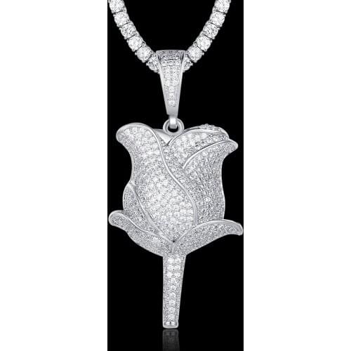 100% Micro Zircon Hip Hop Romantic Rose Flower Pendant Necklace For Men Jewelry Zircon Tennis Chain CZ Rapper Jewelry