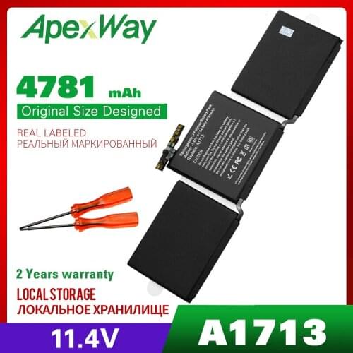 ApexWay 11.4V 4781mAh Laptop Battery For Apple A1713 A1708 Pro 13 2016 year MLL42CH/A, MLUQ2CH/A 020-00946 Screwdriver Batteria