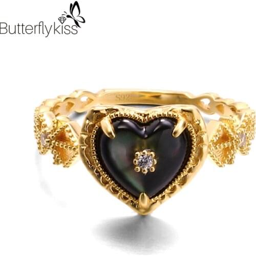 BK Vintage Heart Black Gemstone Women’s Rings 100% 925 Sterling Silver With Zircon 2021 Fine Jewelry For Wedding Engagement