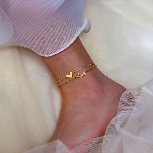 Stonefans Bohemian Gold Color Double Layer Heart Anklet for Women Summer Love Stainless Steel Anklet Bracelet Leg Chain Jewelry