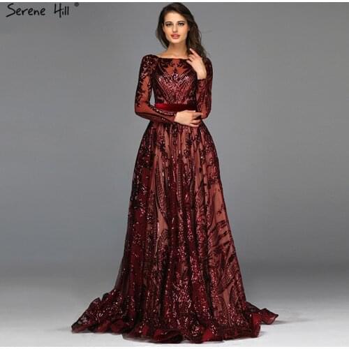 Muslim Wine Red A-Line Luxury Evening Dresses 2020 Vintage Long Sleeve Sequined Sparkle Evening Gowns Real Photo LA60799