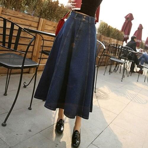 FairyShely Korean Denim Pleated Skirts Women 2020 Autumn A Line High Waist Jeans Mid Skirt Casual Blue Flare Solid Long Skirt