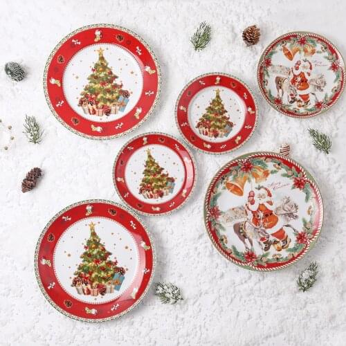 Ceramic 8 Inch 10inch Plate Christmas Santa Round Plate Hand-painted Dinnerware Household Breakfast Tray Western Food Dish 1pcs