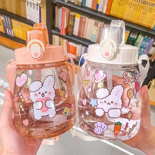 Creative Big Belly Water Bottle for Children Girls Cute Clear Plastic Straws Bottle Sports Bicycle Water Jug With Strap Sticker