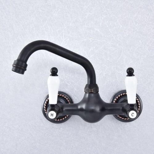 Kitchen Wet Bar Bathroom Vessel Sink Faucet Black Oil Rubbed Brass Wall Mounted Swivel Spout Mixer Tap Dual Ceramic Lever msf718