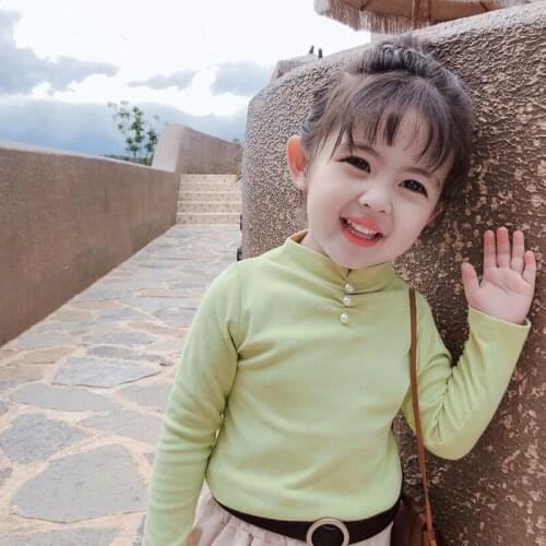 Menoea Kids Girls Autumn Tees New Fashion Toodler Solid Color T-Shirts Casual Bead Loog-Sleeves Children Turleneck Clothes 3-7Y