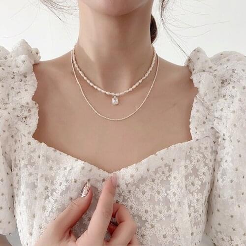 MINAR Korean Pearl Love Heart Waterdrop Geometrical Pendant Necklace for Women Exquisite Rhinestone Necklace Jewelry