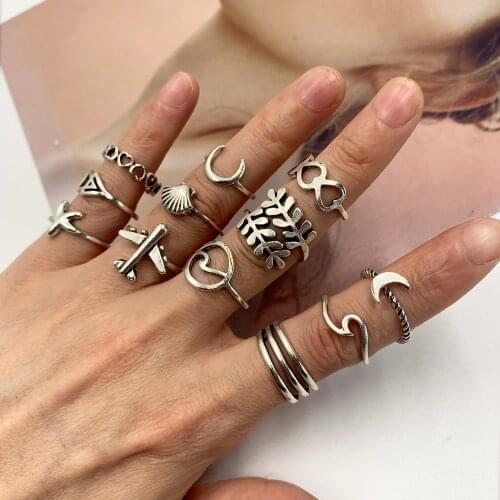 Miwens 12 PCS Punk Metal Rings Set for Women Girls Geometric Alloy Moon Love Rings KeoGold Silver Color Jointed Rings Korean