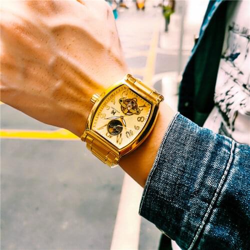 Fashion Mechanical Mens Watch Retro Casual Sun And Moon Flywheel Wine Barrel-Shaped Waterproof Clock Relogio Masculino 2021 NEW